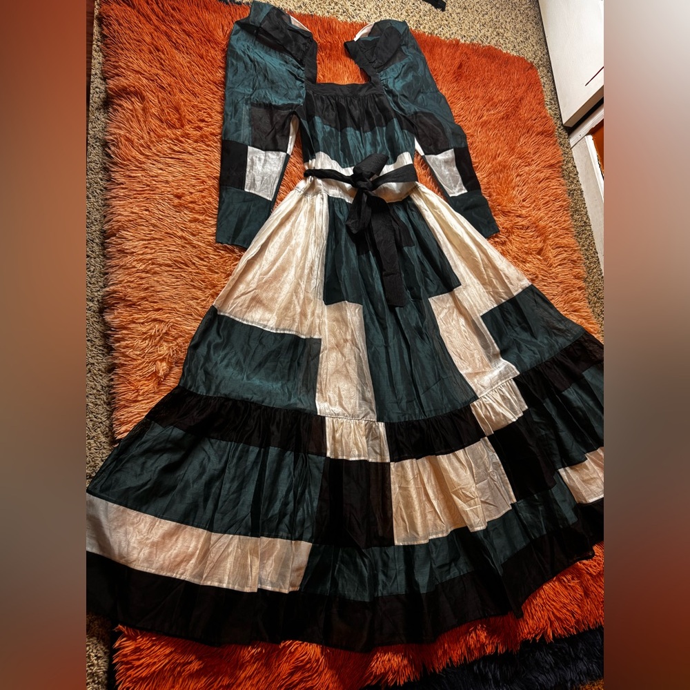 Ulla Johnson Colorblock Midi Dress in Black, Gold, and Cream - Picture 2 of 11
